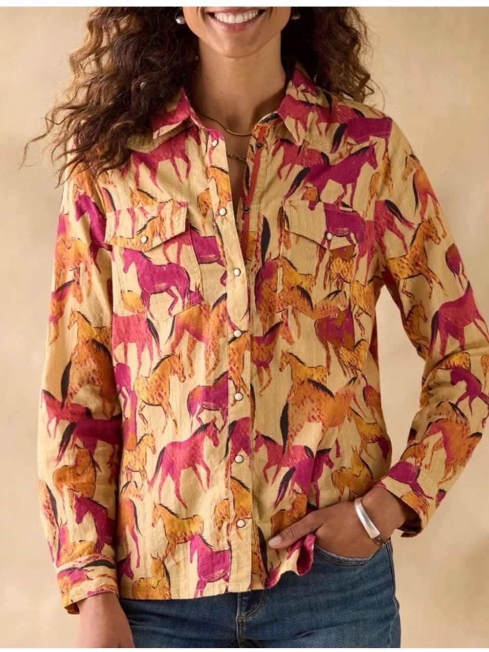SUNDANCE “Free Spirit” button-down, horse print & snap closure Shirt Large P